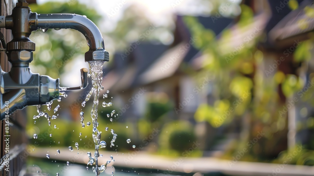 Close-up of a water faucet with water flowing from it, with a blurred background of houses and greenery.