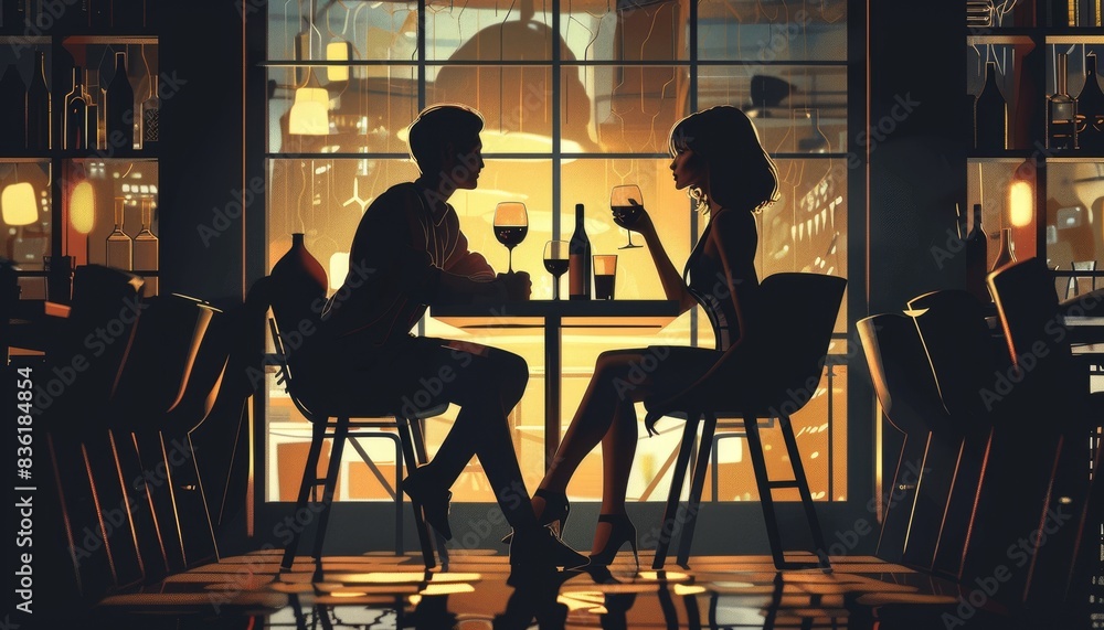loving meeting of a couple in a restaurant over dinner with wine. loving meeting of a couple in a restaurant over dinner with wine.