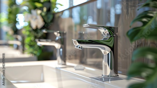 Closeup of a modern chrome faucet with water flowing into a white sink.