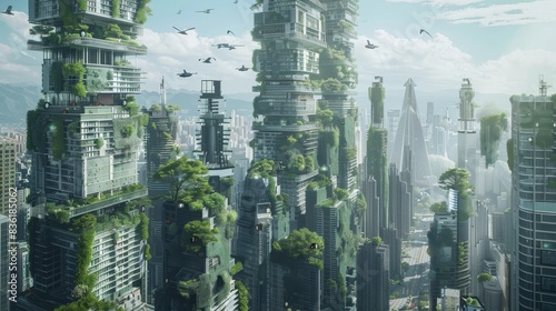 A futuristic cityscape where nature has reclaimed the buildings generated by AI