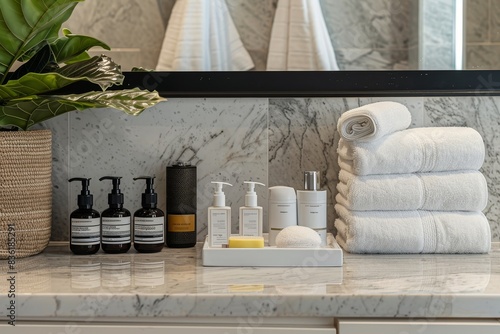 A luxurious hotel bathroom setup with high-end cosmetics and spa products generated by AI