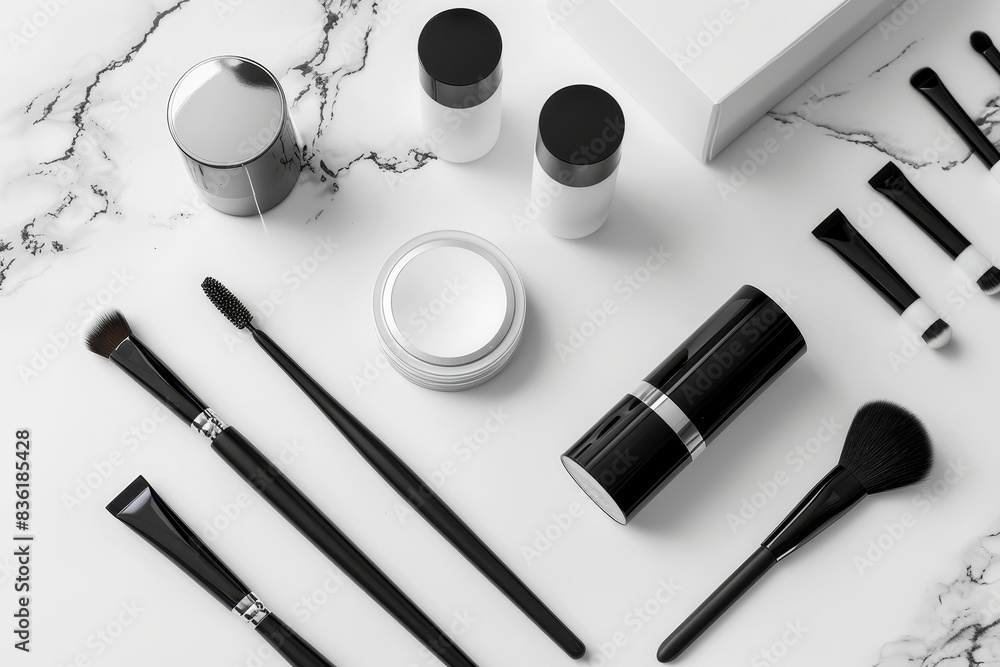modern, minimalist flat lay of sleek, black-and-white cosmetics and tools on a clean generated by AI modern, minimalist flat lay of sleek, black-and-white cosmetics and tools on a clean generated by AI