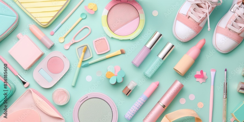 A playful, pastel-themed flat lay of makeup products and accessories generated by AI