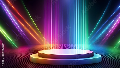 lighting podium to look like they are part of interlocking circles or loops, 3D rendering for mockup product background