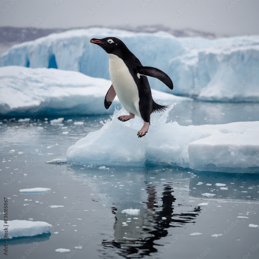 Obraz premium Adelie penguin jumping between two ice floes