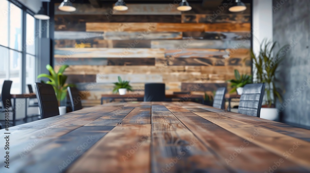 Rustic wooden table in a modern office setting with a reclaimed wood wall and plants. Rustic wooden table in a modern office setting with a reclaimed wood wall and plants.