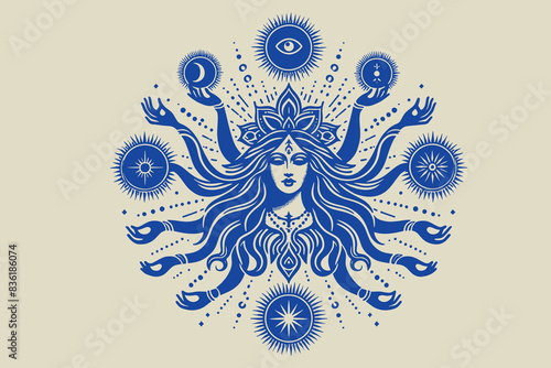  Isoteric  ancient  Goddess . Beautiful woman with many hands. Engraving vector vintage blue illustration, emblem, isolated object