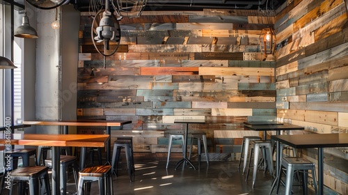 Rustic and modern cafe interior with reclaimed wood wall, tables, and stools.
