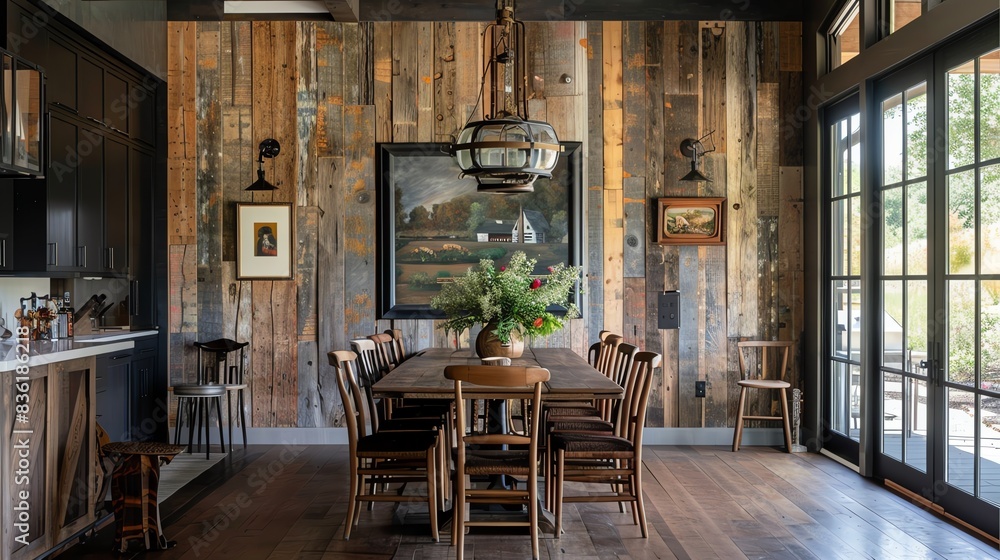 Rustic dining room with reclaimed wood wall and large windows. Rustic dining room with reclaimed wood wall and large windows.