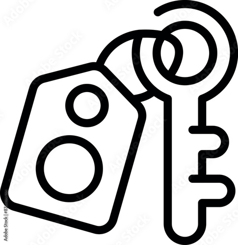 Black and white icon of a key with a label tag, isolated on white background