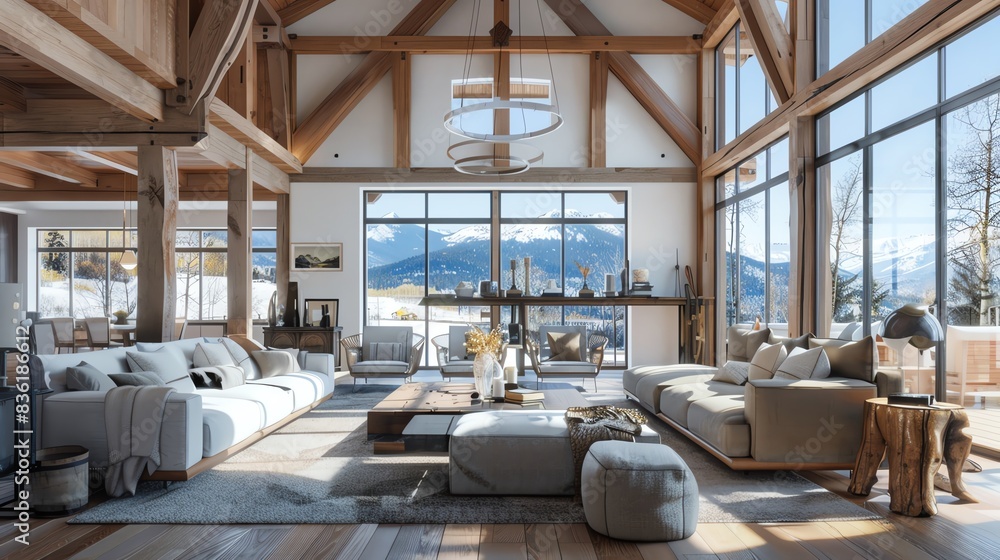 A spacious living room with high ceilings and reclaimed wood beams, selective focus, open and airy, ethereal, blend mode, mountain chalet backdrop A spacious living room with high ceilings and reclaimed wood beams, selective focus, open and airy, ethereal, blend mode, mountain chalet backdrop
