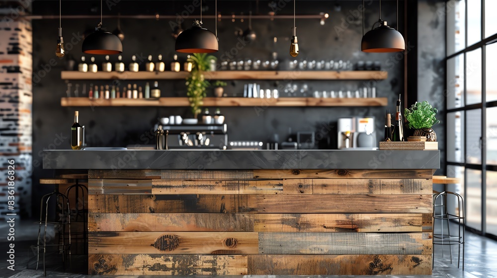 Industrial style home bar with reclaimed wood counter and stools. Industrial style home bar with reclaimed wood counter and stools.