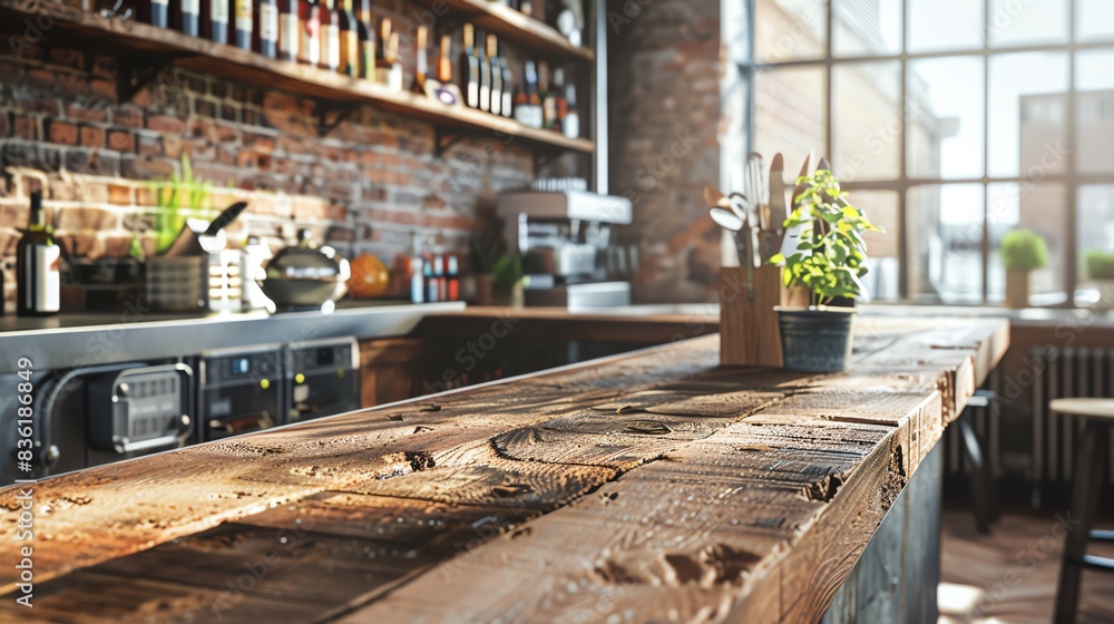 Close-up of a rustic wooden bar counter in a trendy cafe. Close-up of a rustic wooden bar counter in a trendy cafe.