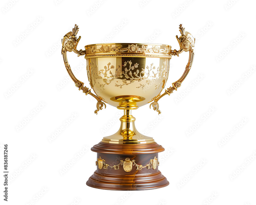 Elegant golden trophy cup with intricate designs and handles, mounted on a wooden base, perfect for celebrating achievements and victories. Elegant golden trophy cup with intricate designs and handles, mounted on a wooden base, perfect for celebrating achievements and victories.