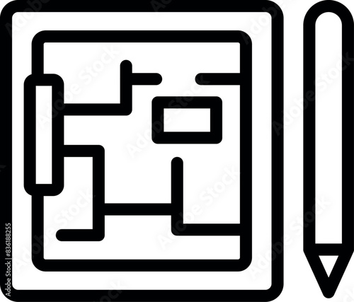 Black and white vector icon of a maze with a pencil, symbolizing problemsolving and planning