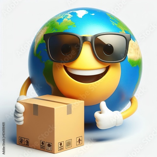 a 3D globe emoji wearing sunglasses holding a carton box on a white background photo