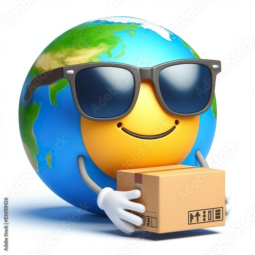 a 3D globe emoji wearing sunglasses holding a carton box on a white background