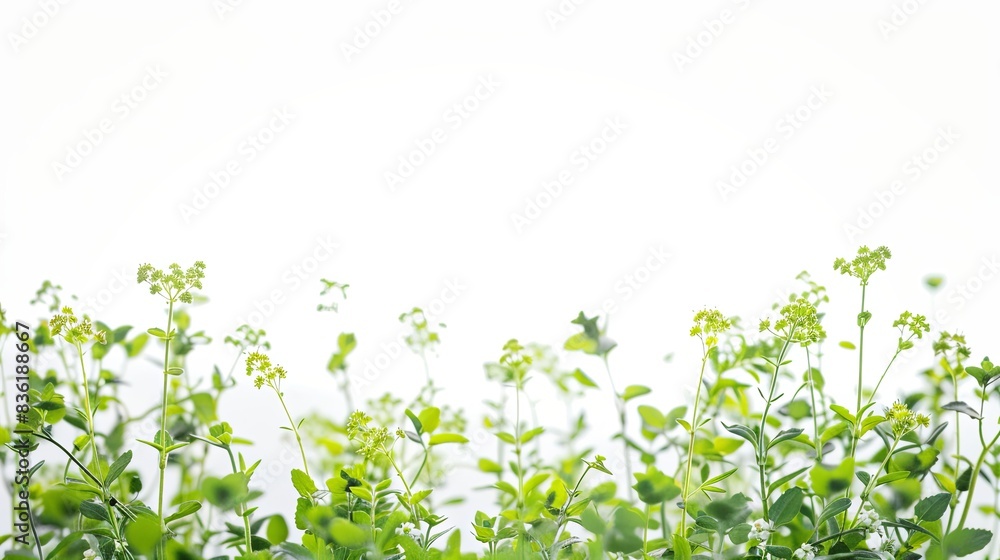 Out of Focus Green Plants Framing the Bottom Sides of a Pure White Background. Blurred Vegetation Creating a Soft Natural Border in a Minimalistic Composition. Out of Focus Green Plants Framing the Bottom Sides of a Pure White Background. Blurred Vegetation Creating a Soft Natural Border in a Minimalistic Composition.