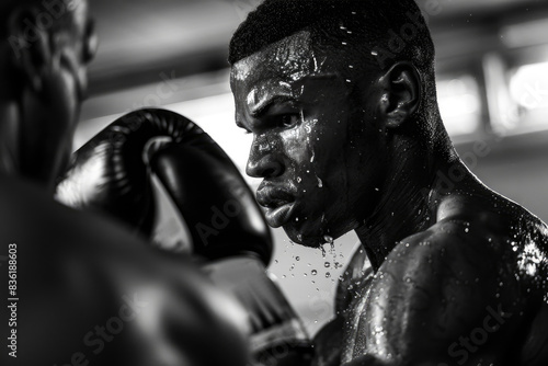 Boxing. Boxer in boxing gloves training in the ring © MK studio