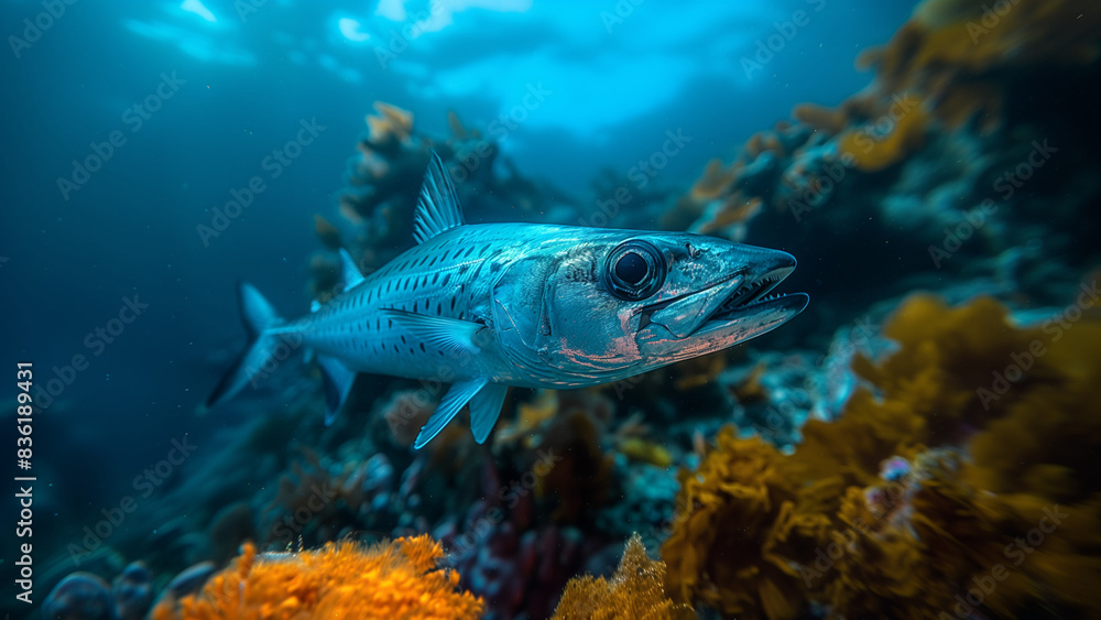 Fototapeta premium Barracuda - Fish, Marine Fish, Sea Fish, Aquatic, Underwater Photography, Aquatic Photography, Ocean Photography, Ocean Fish, Oceanography, Biodiversity, Sea Life, Reef, Fish Swimming, Reef Fish