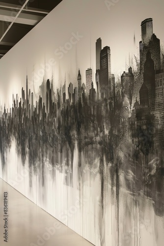 A blank wall adorned with illustrations of sootcovered buildings, highlighting the visible impact of air pollution on urban infrastructure photo