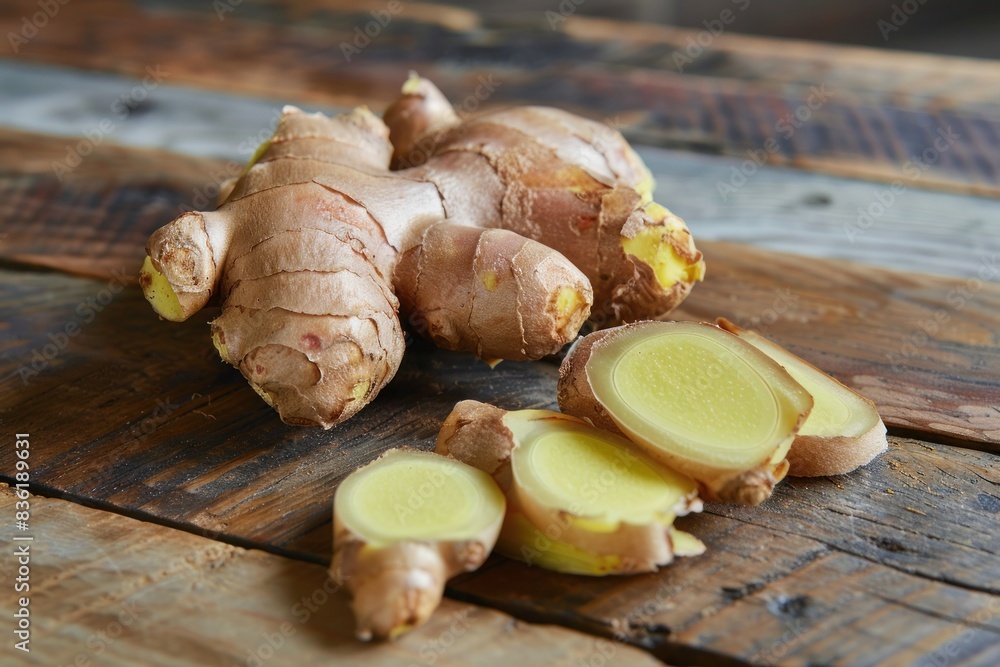 Whole ginger root and freshly cut slices on wooden table Whole ginger root and freshly cut slices on wooden table