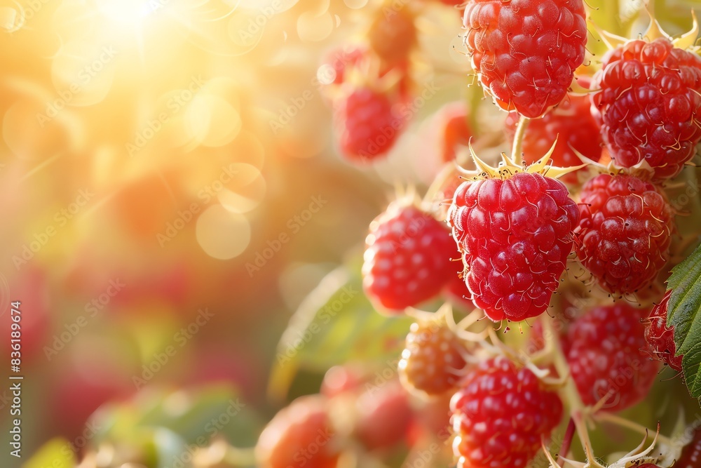 Close-up of ripe red raspberries growing on a vine in a sunny garden. Close-up of ripe red raspberries growing on a vine in a sunny garden.