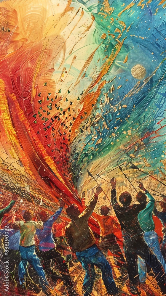 Fototapeta premium Abstract painting of people celebrating with vibrant colors and swirling patterns.