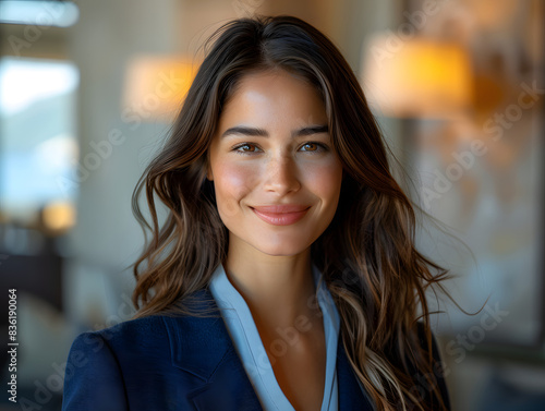 a young woman with long brown hair, smiling and looking slightly to her right. She is wearing a dark blue blazer over a shirt. Free Download a young woman with long brown hair, smiling and looking slightly to her right. She is wearing a dark blue blazer over a shirt. - GFXLoad