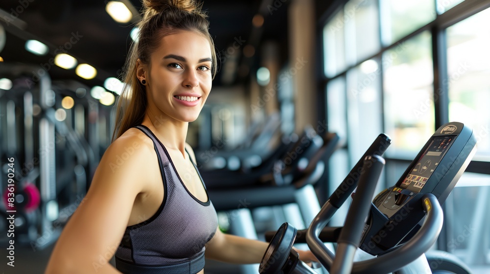 a woman is smiling in a gym area with other equipment in the background and a window a woman is smiling in a gym area with other equipment in the background and a window
