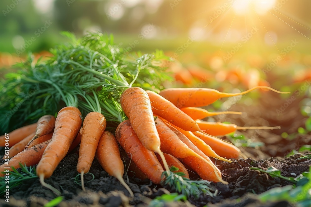 bunch of ripe carrots with leaves on the background of an organic farm field, sun rays and blurred nature in sunset light bunch of ripe carrots with leaves on the background of an organic farm field, sun rays and blurred nature in sunset light