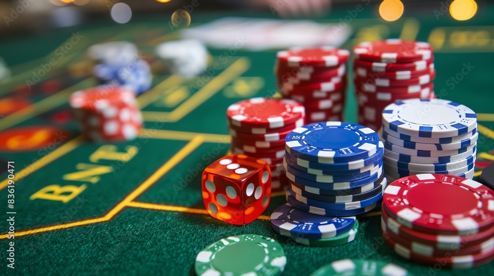 a casino table with several stacks of poker chips and dices on it a casino table with several stacks of poker chips and dices on it