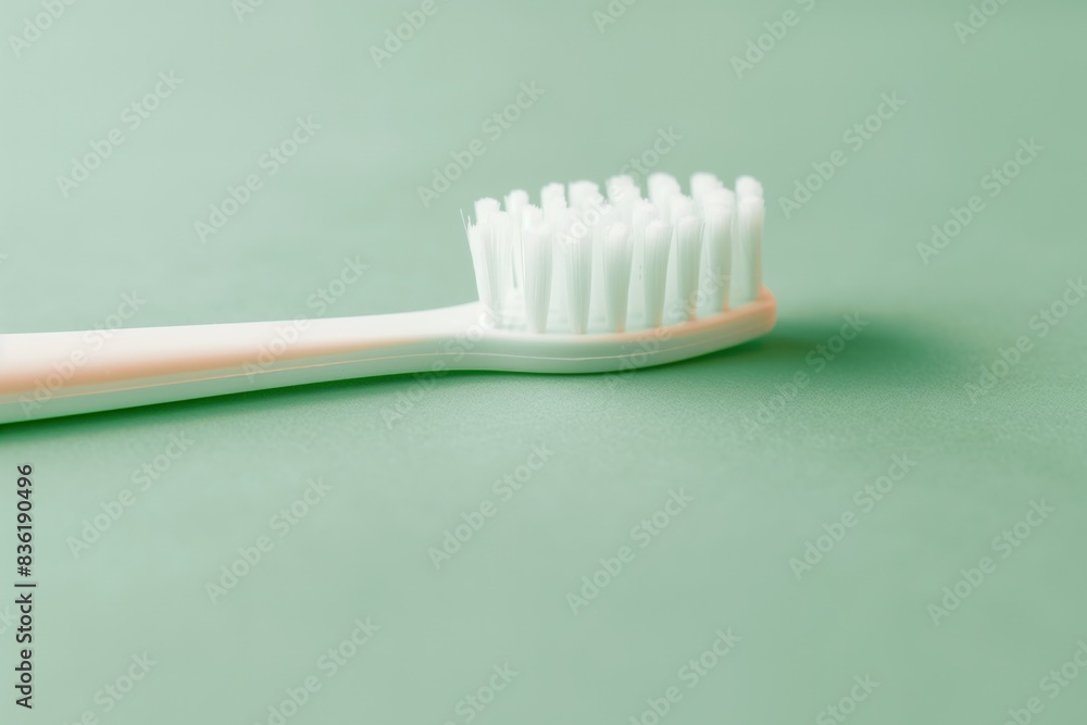 Single, soft-bristled toothbrush lying on a pastel green background, representing dental care with a minimalistic and modern aesthetic in a monochromatic scheme Single, soft-bristled toothbrush lying on a pastel green background, representing dental care with a minimalistic and modern aesthetic in a monochromatic scheme