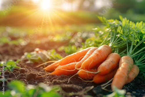  bunch of ripe carrots with leaves on the background of an organic farm field, sun rays and blurred nature in sunset light