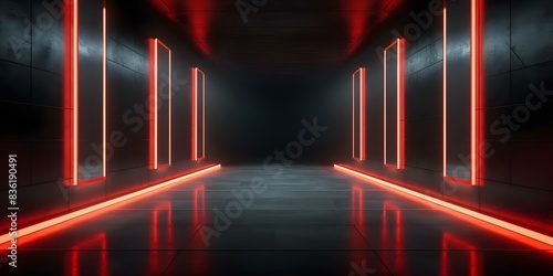 A dark corridor with neon lamps red abstract reflections on concrete floor. Concept Urban Photography, Neon Lights, Abstract Reflections, Dark Corridor, Concrete Floor