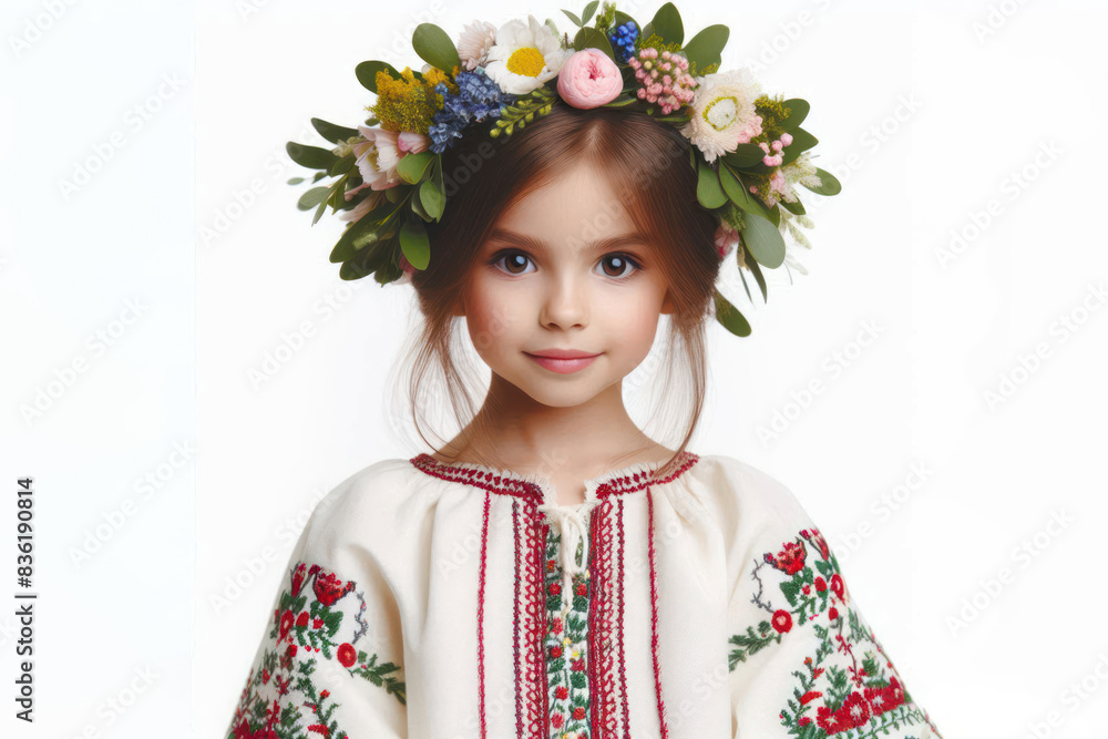 Portrait little girl in an embroidered dress and a wreath Isolated on white background Portrait little girl in an embroidered dress and a wreath Isolated on white background
