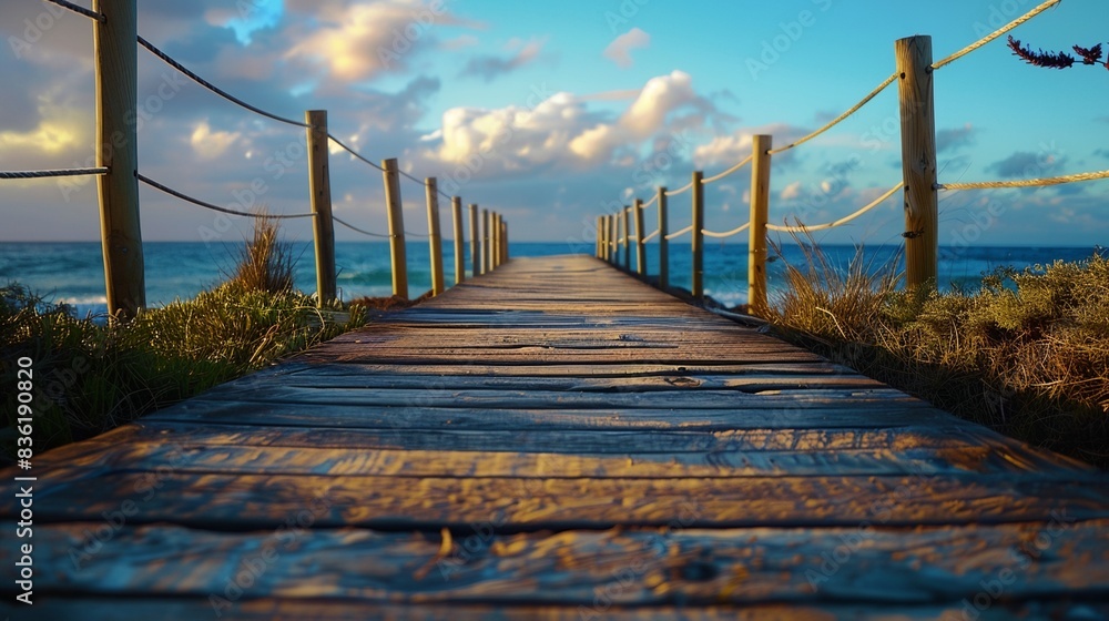 a wooden walkway leading to the ocean with a cloudy sky in the background a wooden walkway leading to the ocean with a cloudy sky in the background