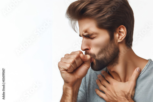 The man coughs and closes his mouth Isolated on white background