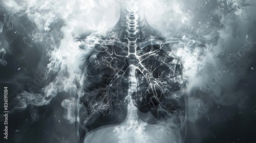 A chest Xray visualization with devilcore aesthetics, portraying a healthy males lung, heart, spine, and clavicle amidst sinister, occultinspired digital enhancements photo