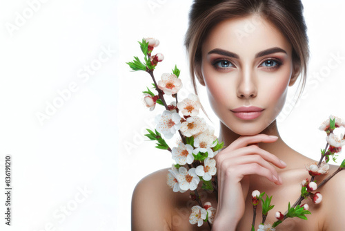 woman with blooming flowers Isolated on white background