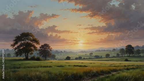A serene landscape painting of a tranquil countryside scene, with soft hues blending into the horizon ai_generated