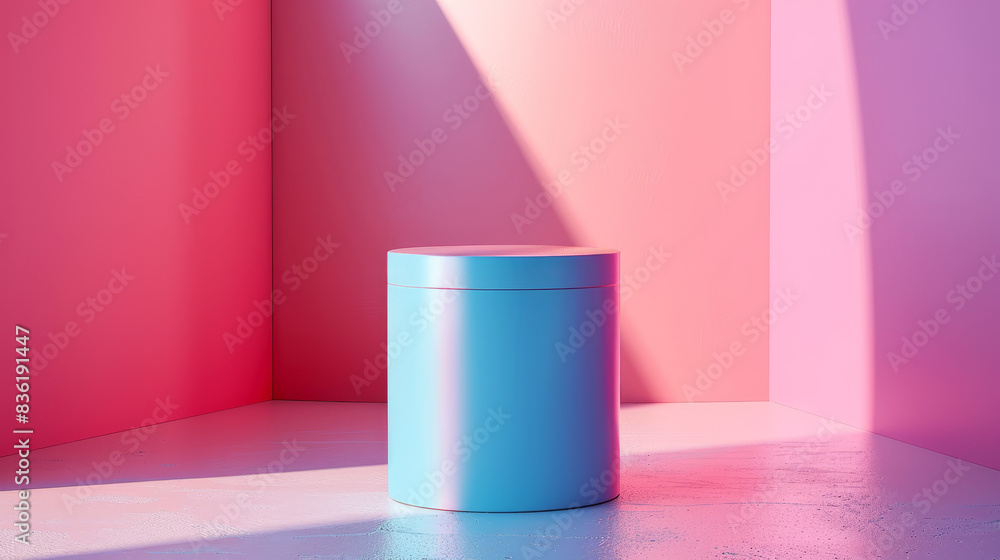 A blue cube is sitting in a room with pink walls A blue cube is sitting in a room with pink walls