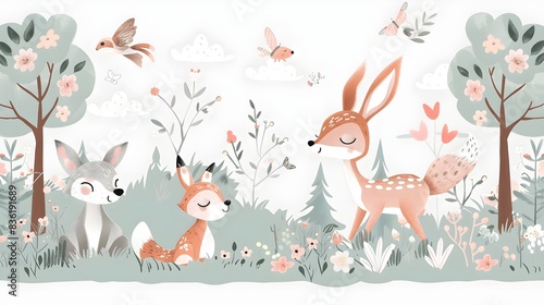 Design a cute clip art scene of woodland animals (deer, rabbit, fox) in pastel colors. Use a side view angle with a backdrop of pastel trees and flowers. The style should be charming and suitable for 