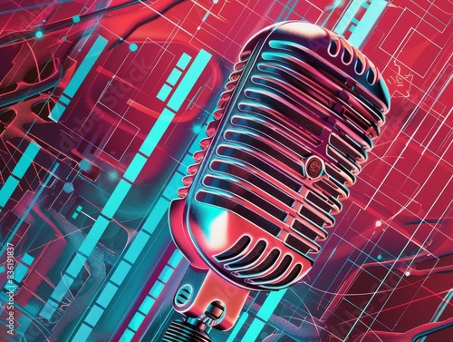 Vintage Microphone with Futuristic Digital Background