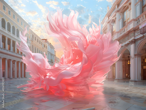 a large, abstract Supercluster sculpture made of pink materials, with fluid shapes on the Europe street photo