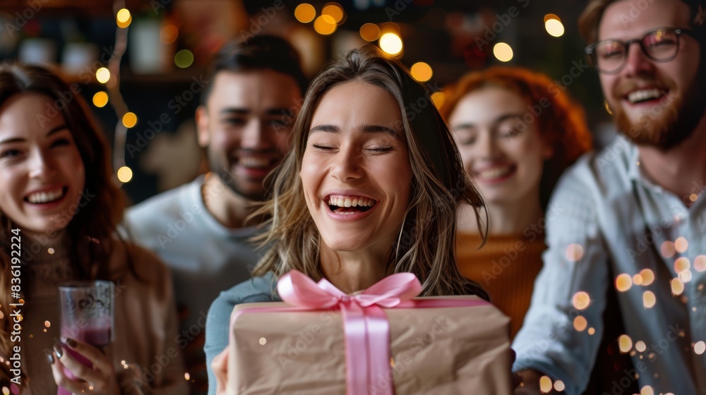 roup of happy adults 25 years old, one of them receives a gift roup of happy adults 25 years old, one of them receives a gift