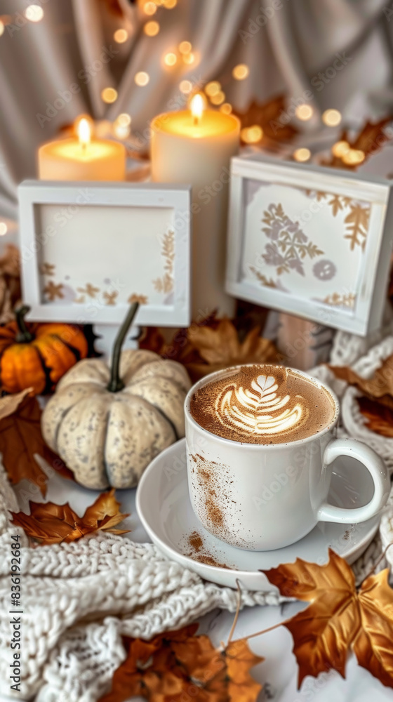 cup of white hot cocoa on the table. There are candles and autumn leaves next to the cup. cup of white hot cocoa on the table. There are candles and autumn leaves next to the cup.
