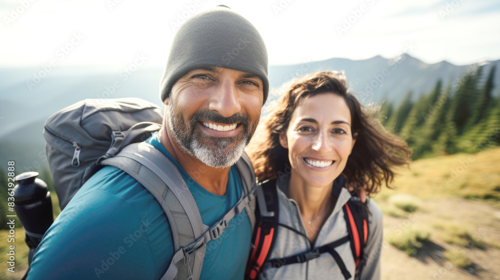 Middle aged couple walking on forest path with backpacks in summer