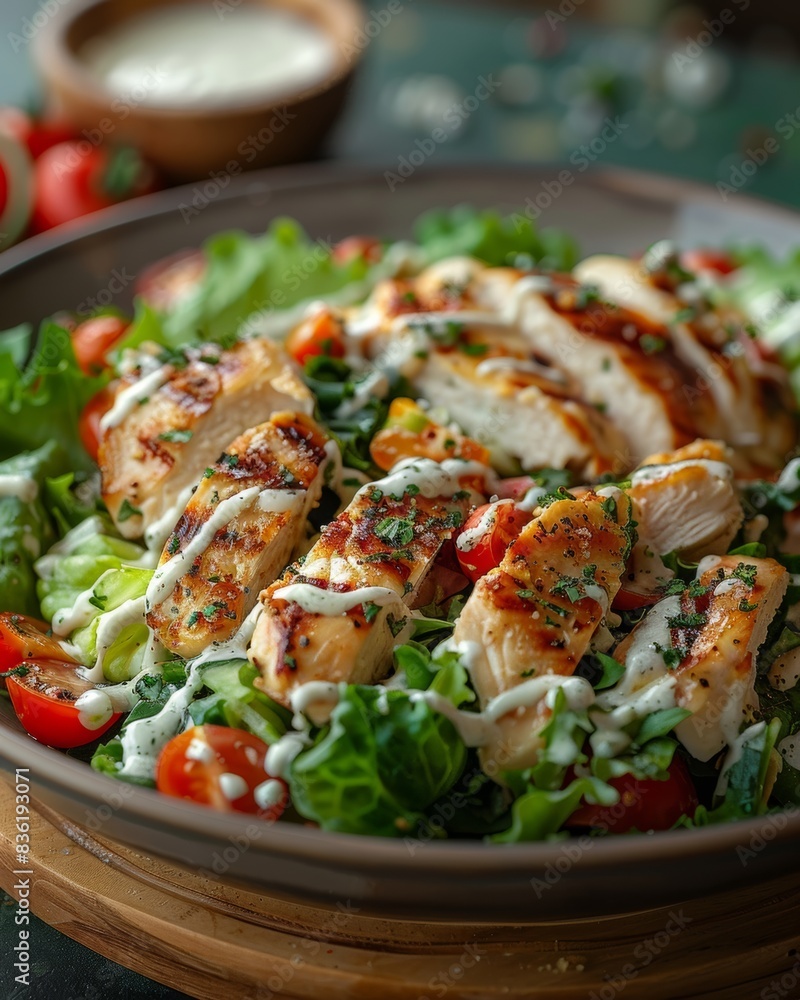 Chicken Cesar salad with white bechamel sauce cream on top Chicken Cesar salad with white bechamel sauce cream on top