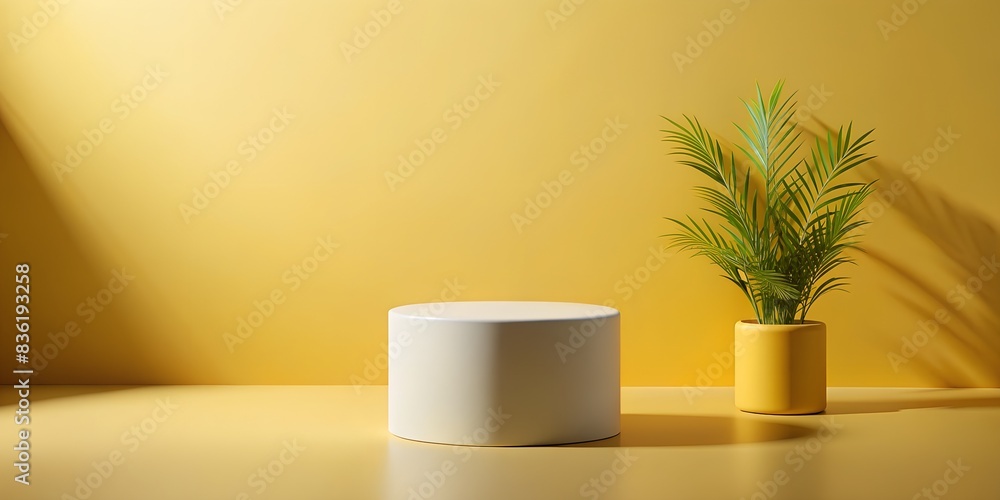 Product display platform against a yellow wall with plant decorations Product display platform against a yellow wall with plant decorations